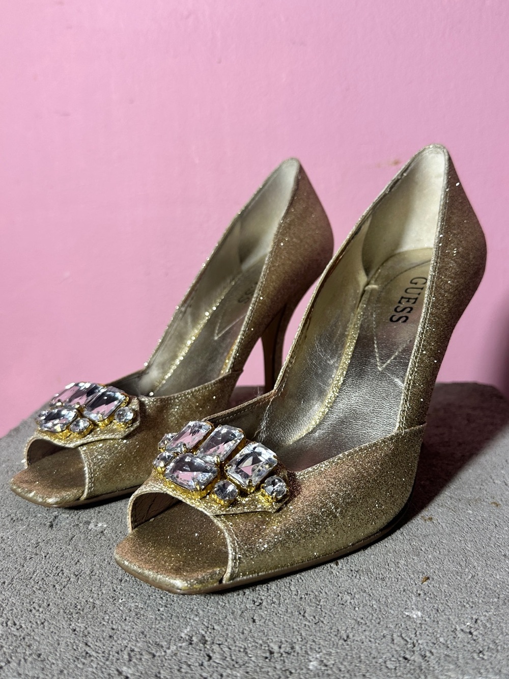 Guess Gold Glitter Peep-Toe Heels with Crystal Cluster